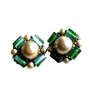 Vintage Marvella Clip-On Earrings With Green Glass Beads & Faux Pearls Retro